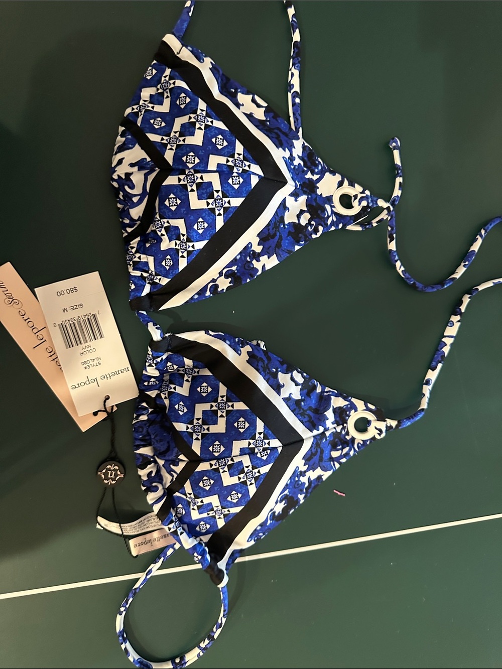 Nanette Lepore Blue & White Patterned Triangle Bikini Top